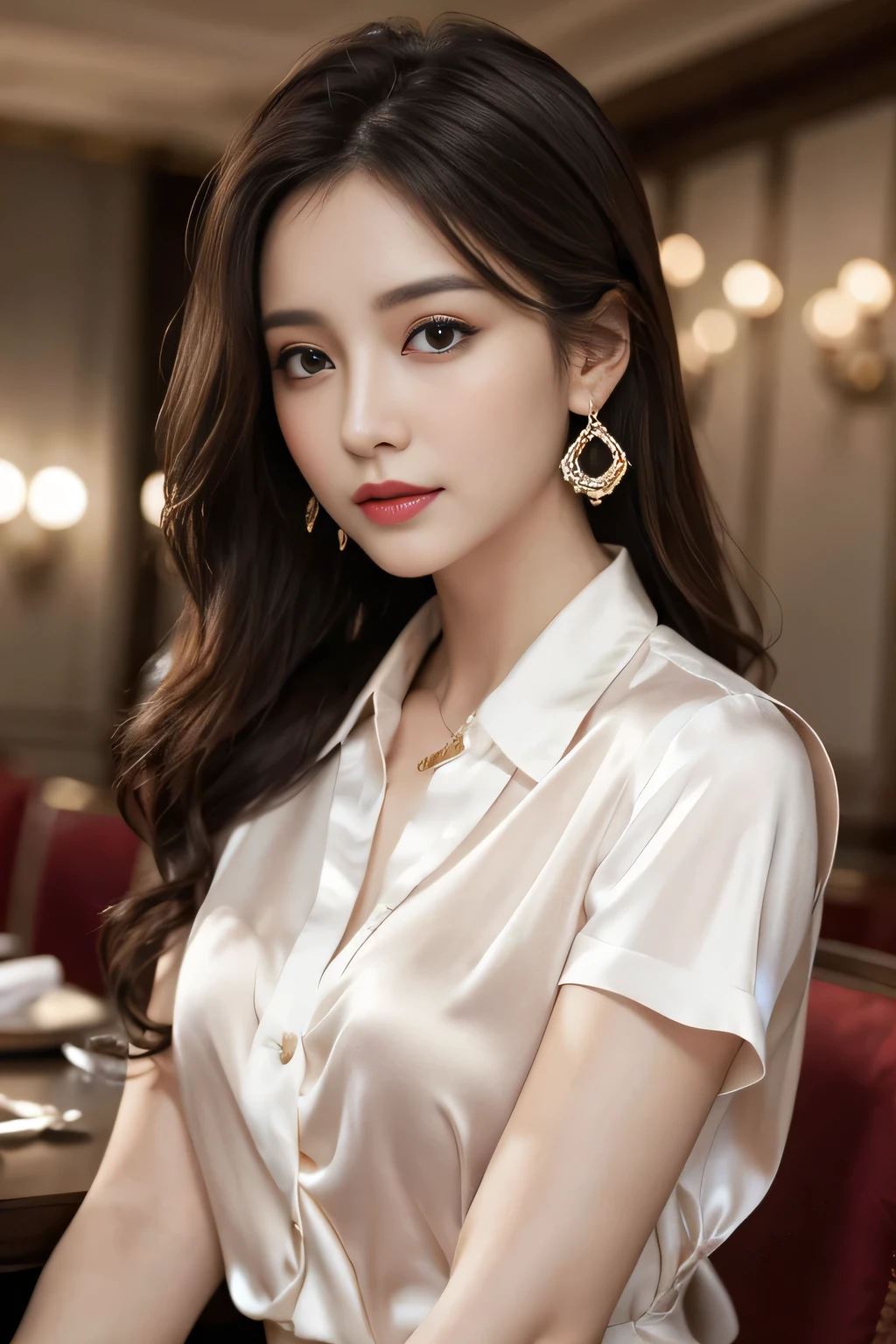 masterpiece, Highest quality, Realistic, Very detailed, Finer details, High resolution, 8k wallpaper, One beautiful woman, Wear an elegant silk shirt in a pretty color, In a great restaurant, At night, Light brown messy hair, Perfect dynamic composition, Beautiful and beautiful eyes、Big earrings、chest、Sleeveless shirt、