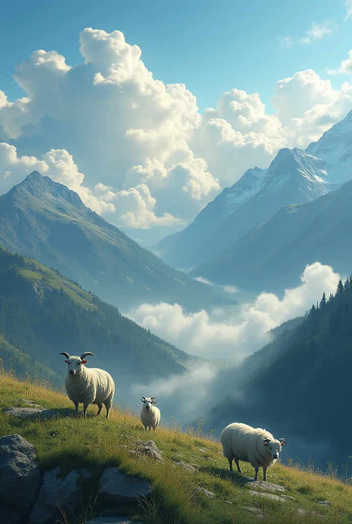 (masterpiece, Highest quality: 1.2), (High resolution: 1.1), (Highest quality), Dynamic Angle, sheep飼いの女の子, null, cloud, Highland Road, 牧sheep犬, sheep, Top View, Dramatic lighting, beautiful影, beautiful,