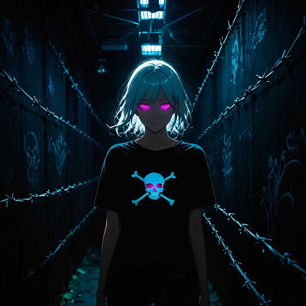 indoor,Fluorescent lighting,(((Shrouded in darkness))),Wall Background,Black background,silhouette,Shadow,Extreme darkness,Minimalist graffiti style background,Fluorescent white tricks Skull graffiti,Dark atmosphere,Cowboy Shot,One girl,Oversized black t-shirt,Mid-chest,Waistless T-shirt,(Underbust),Blurred Background,Blurred foreground,Fluorescent white hair,Fluorescent white eyes,Raise your hand and touch your hair,Long Hair,Low-rise denim shorts,pink eye Shadow,Ruined eyeShadow,(Vanishing Point,Depth of written boundary,Background Blur),(Vine-covered foreground:10),dark and edgy、Elements of surrealism、Expressive brushwork、Dynamic configuration。\Very detailed explanation,Lock,Barbed wire,Wooden piles,(Bloody Moonlight:20),