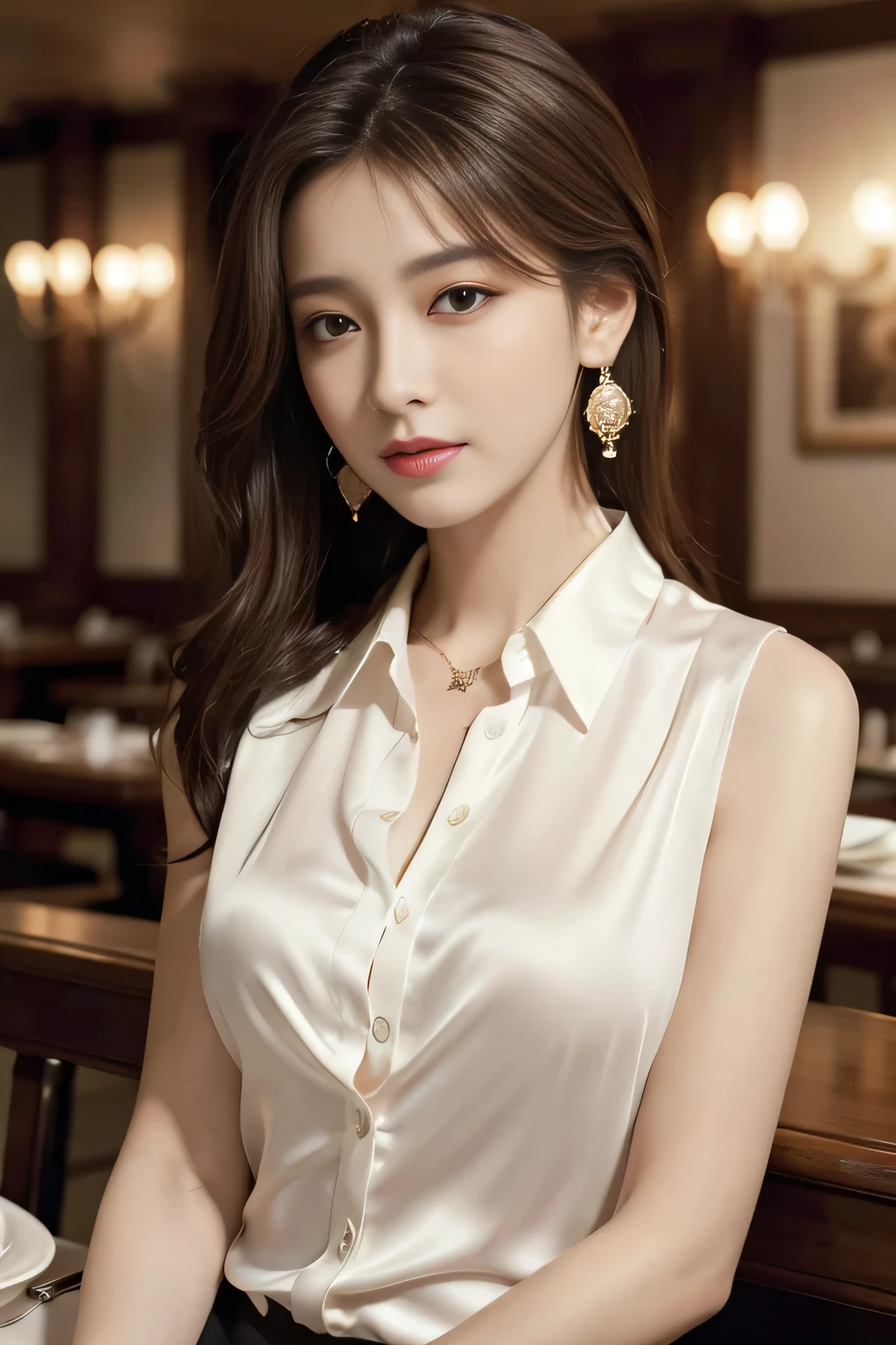masterpiece, Highest quality, Realistic, Very detailed, Finer details, High resolution, 8k wallpaper, One beautiful woman, Wear an elegant silk shirt in a pretty color, In a great restaurant, At night, Light brown messy hair, Perfect dynamic composition, Beautiful and beautiful eyes、Big earrings、chest、Sleeveless shirt、