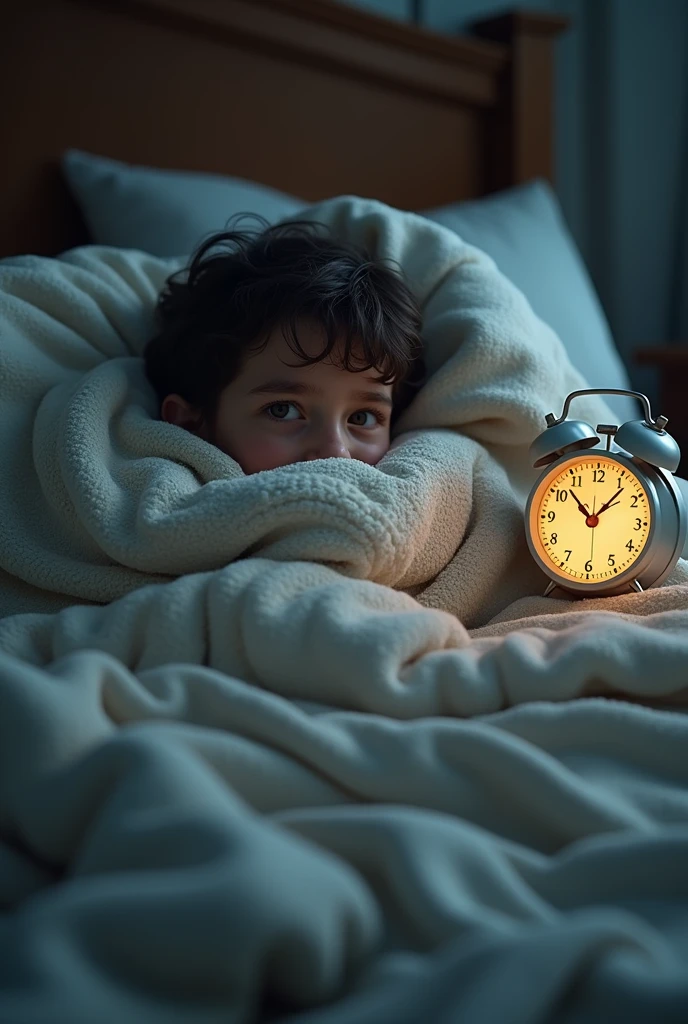 Someone lying in bed with an alarm ringing, and a number of “snoozes” (5, 10, 15 minutes) Displayed, while the person is covered by several layers of blankets..