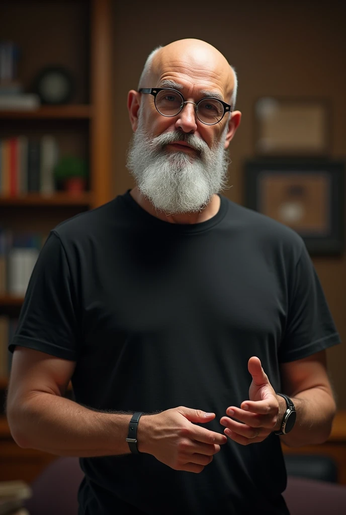 Caucasian man , white beard aquiline nose bald , round glasses, dark lenses black t-shirt teaching 