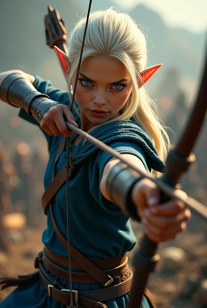 An elf archer approximately twenty-eight years old. Your hair is medium, almost white blondes, Emerald green eyes, pele alva, wearing a navy blue tunic under simple leather armor. The ears are slightly pointed. She is in a full body attack pose in a war scenario.