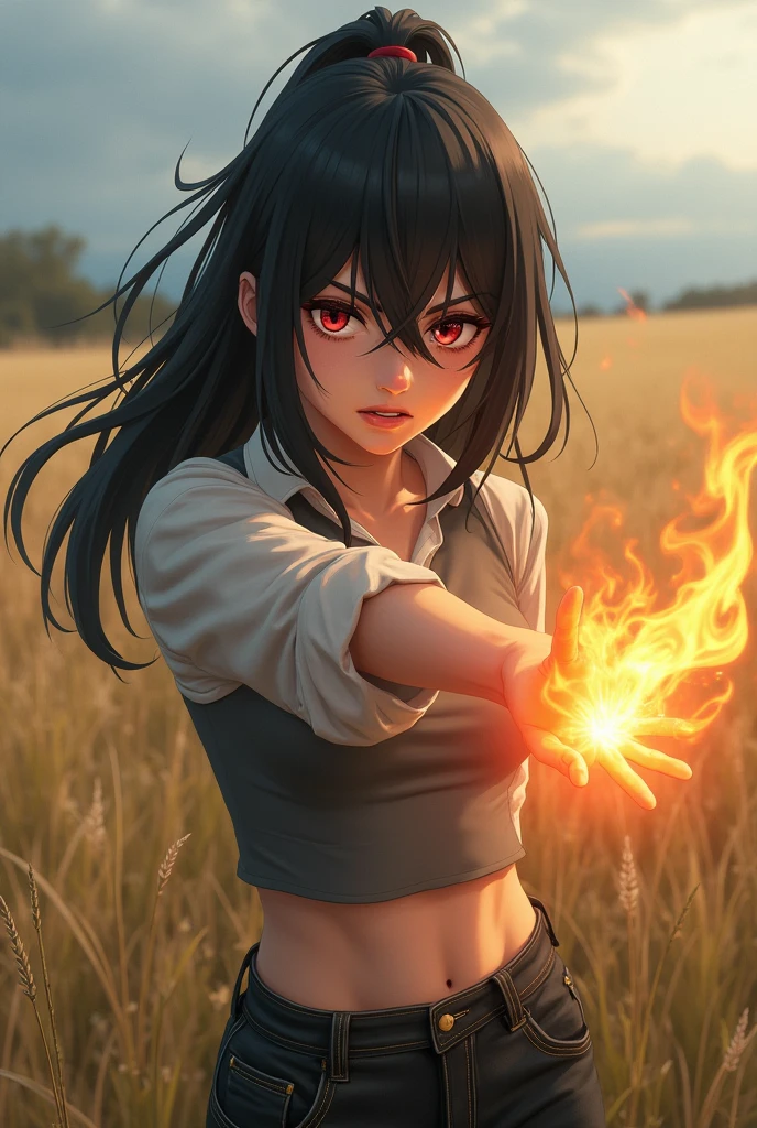 A beautiful sixteen-year-old girl with black hair, standing in a grassland area, dressed in modern clothing, with an angry expression, thrusting one hand forward, producing magical flames in that hand.