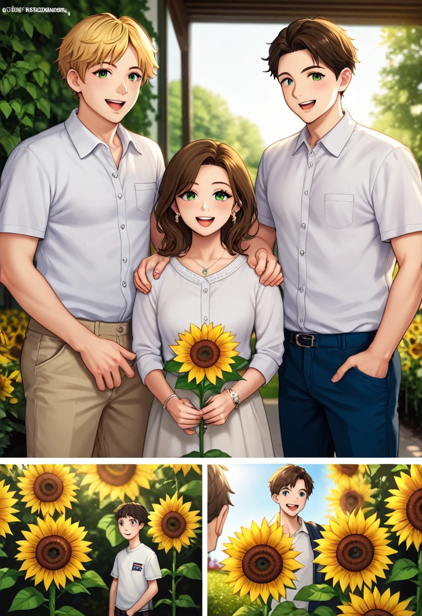 Mother with 2 boys, one adult and one teenager, in white clothes, photo scene with sunflower garden and butterflies