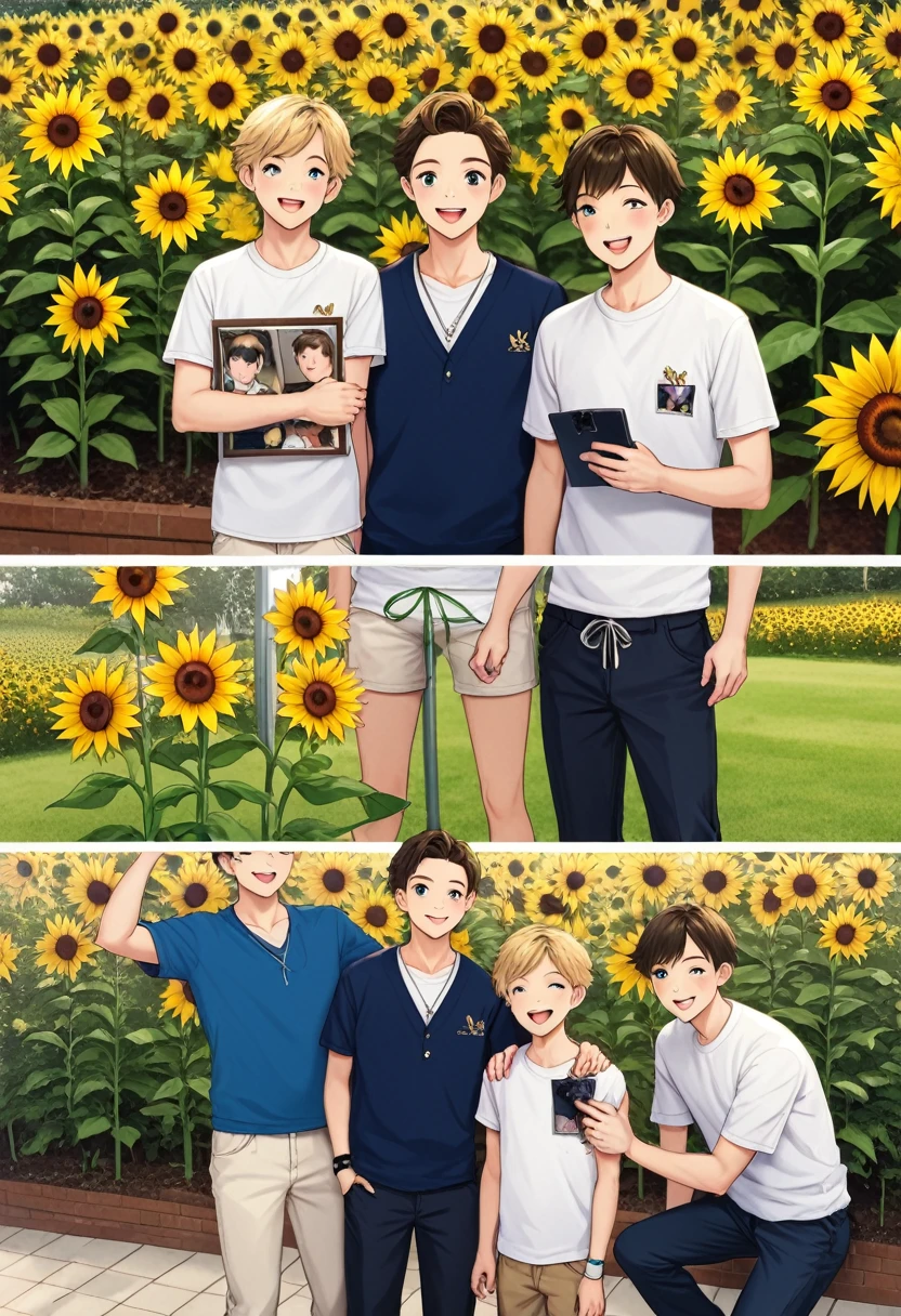 Mother with 2 boys, one adult and one teenager, in white clothes, photo scene with sunflower garden and butterflies
