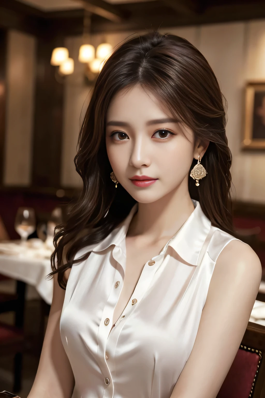 masterpiece, Highest quality, Realistic, Very detailed, Finer details, High resolution, 8k wallpaper, One beautiful woman, Wear an elegant silk shirt in a pretty color, In a great restaurant, At night, Light brown messy hair, Perfect dynamic composition, Beautiful and beautiful eyes、Big earrings、chest、Sleeveless shirt、