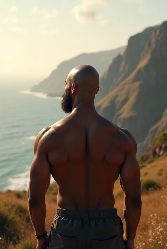 I would like an image of a young, 29-year-old, strong, bald, brown-skinned man with a beard, shirtless, standing alone, looking at the horizon in a beautiful, striking landscape that has everything to do with the following phrase: , " No distractions, only God, me and my goals". Obs: This man has to be with his back turned looking at nature meditating on the word of God