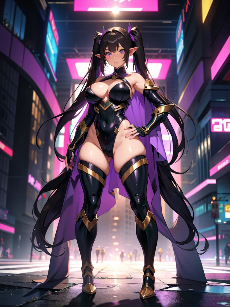 Elf, Sexy, Adult, Pointy Ears, Dark Brown Skin, Purple Eyes, Twintails Hair, Long Black Straight Hair, Huge Breasts, Huge Hips, Thick Theighs, High Quality, 1Girl, Cyberpunk girl, Mecha Suit, Black Suit with Gold Trim lines, Full Body,