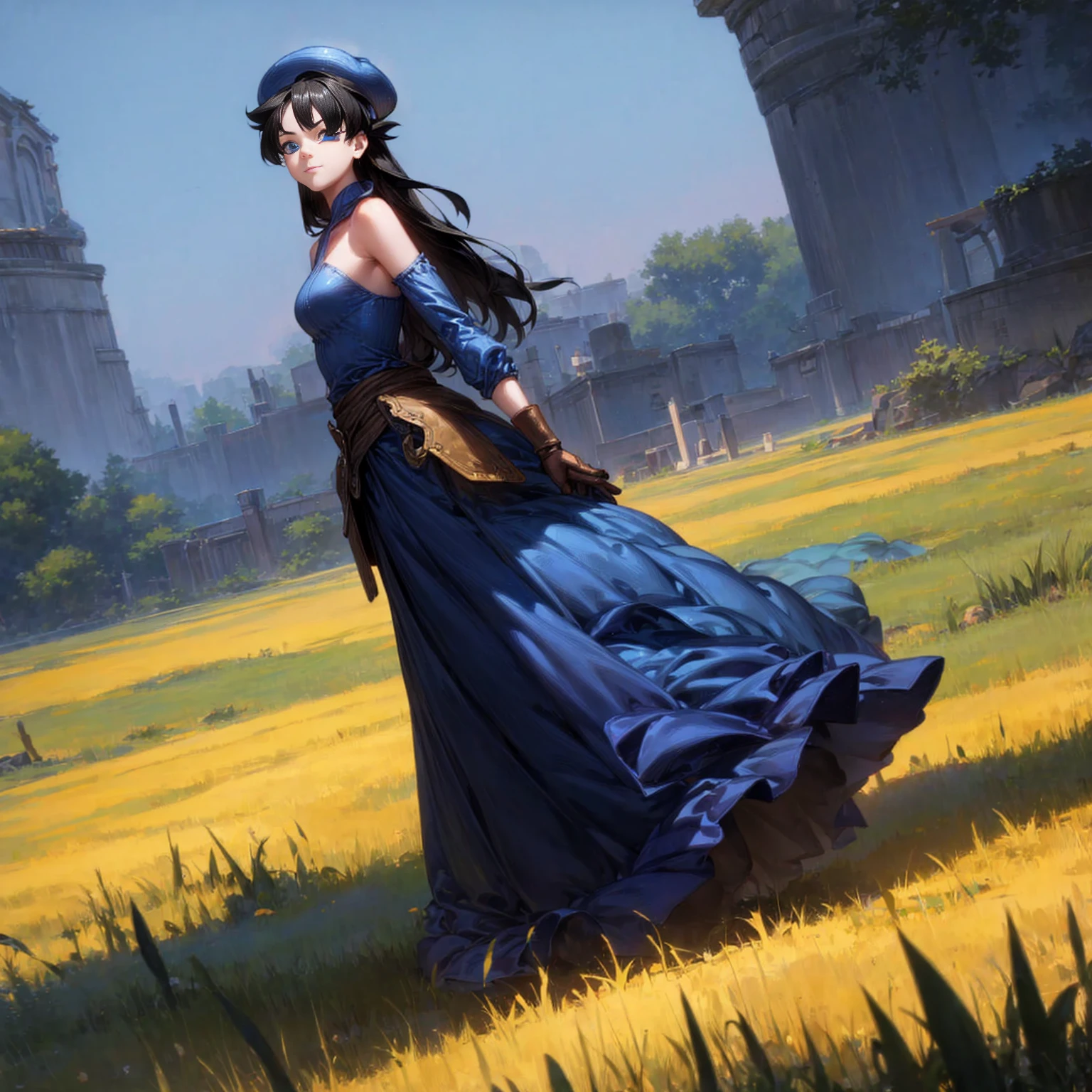 Solo character, young girl, full body version, blue eyes, black colour hair, long hair, blue long dress, bare shoulder, gloves, hat, long skirt, boots, outdoor, field, town, medieval , standing gesture, detailed hair, detailed background, sad eyes, smile mouth, (one piece style art), (dragon ball style art)