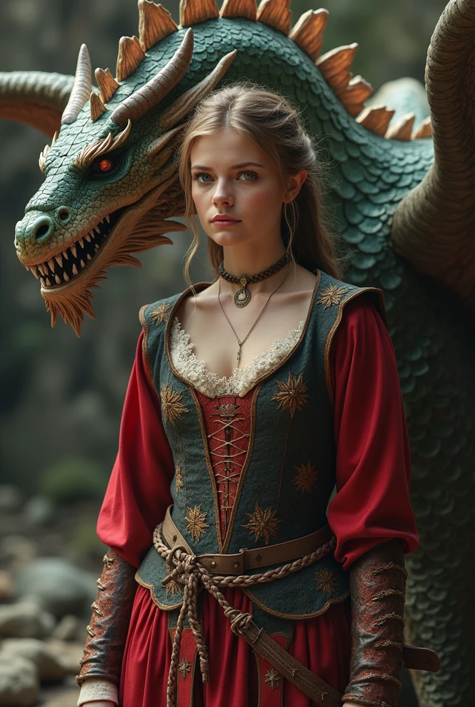 woman in medieval style and dragon