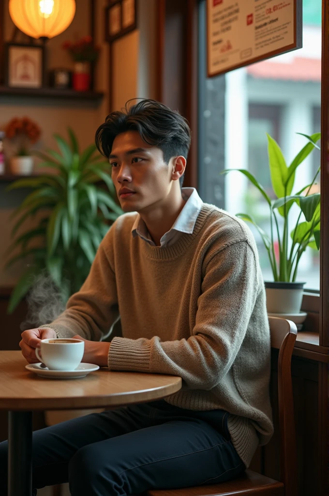 A 18 year old Vietnamese man with a well-proportioned figure is wearing long pants, a shirt and a sweater and is sitting and posing for the camera in a Vietnamese coffee shop.