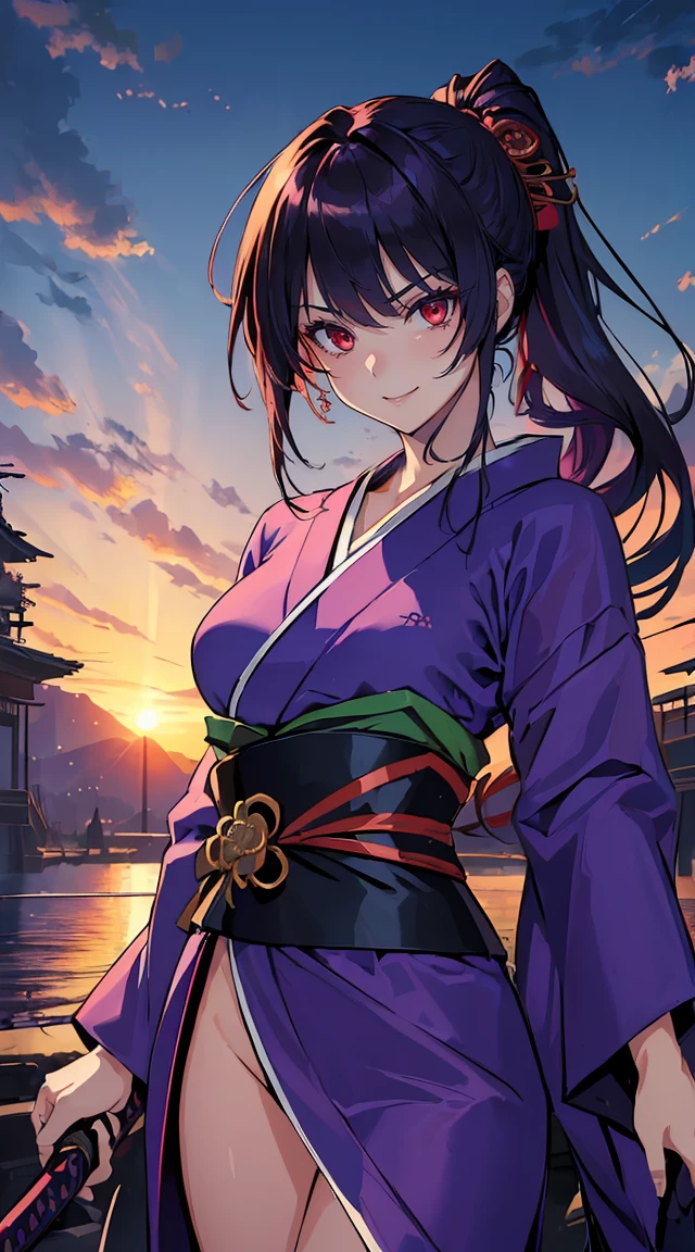 ((High Quality)), ((Masterpiece)), ((Full HD)), ((Ultra Detailed)), ((Exxpansive Hair)), ((Perfect Face)), ((Anime)), Girl, badass, wearing katana on waist, dominant girl, very beautiful, dark red eyes, long purple half tied hair, very cute, very sexy body, smile intimidating, tatto in neck, use a kimono dress