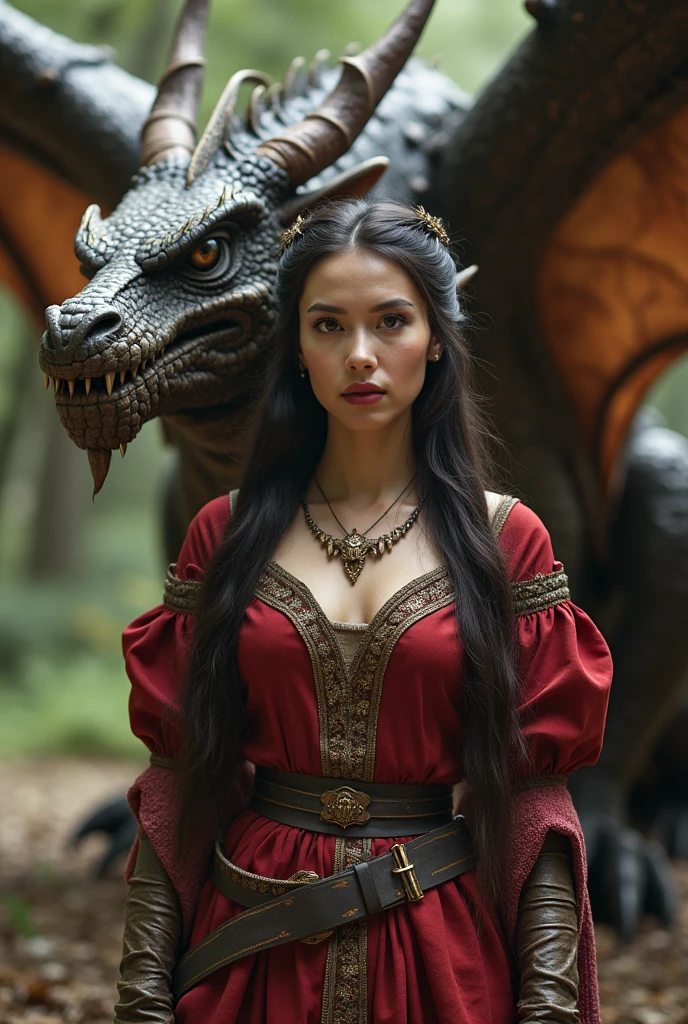 woman in medieval style and dragon