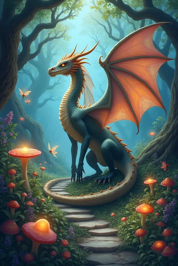 Dragon drawing magic garden with magical creatures and mystical lights magic garden and dragon and fairies Drawing to paint Drawing to paint Drawing to paint 