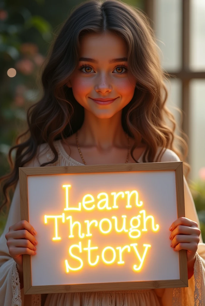 Beautiful girl with heart-warming smile and wavy long hair, bohemian dress, holding a white board with text "learn English Through Story" and showing it to the viewer, the board is glowing with  the text.