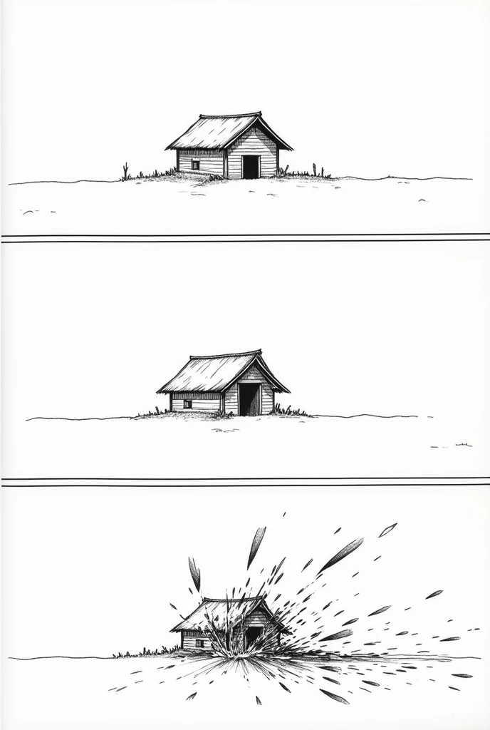 Create a black and white manga page image in the first frame a hut in the foreground in the second frame letters saying silence in the third frame a hut in the foreground being destroyed with Japanese onomatopoeia