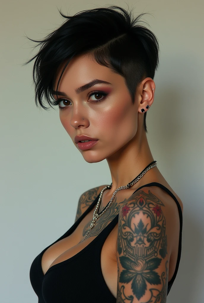 Woman with short pixie hair, tattooed, slim, sexy face