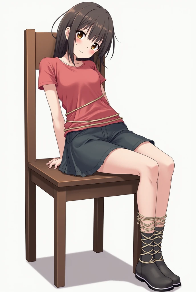 anime girl tied to a chair with her hands tied behind her back and her feet tied to the leg of the chair