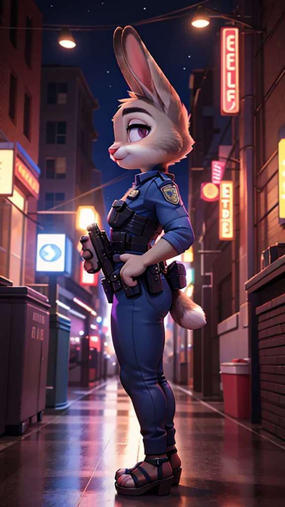 furry woman, antro, whole body, 8 K, movie, masterpiece quality, semi-realistic, high detail, big ass, short tight police uniform, pink heeled sandals, Judy Hopps, it sits,(Best quality), 3D Pixar style, side view, 1 woman