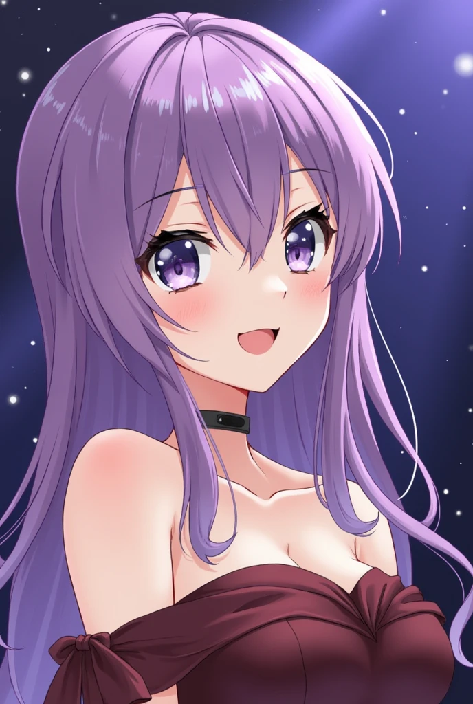 masterpiece、Very detailed、(1 girl in:1.2)、purple hair、strapless off the shoulder dress、big eye、a closeup、Mischievous smile、8k 、Ai hoshino、Live performance venue、Star Eyes nude