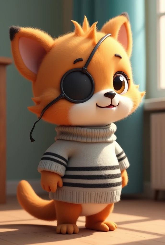 Generates a small brown lobotio furry in 2D and that has a pirate patch on its left eye. Also add a light gray sweater with black horizontal stripes on its sweater so that the environment is its room.