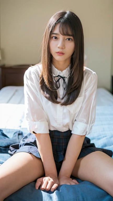 alone、Natural body shape、White skin、Natural Makeup、Black Hair、bangs、Straight Long Hair、、(expensive  、barefoot、White blouse、Blue plaid pleated skirt)、、(Spread your legs:1.3)、((The upper body is wearing a uniform))、(((((Looking into the camera)))))、(((whole body)))、(((Exposing your thighs)))、Bedroom、On the bed、Sitting、((Focus on the crotch))