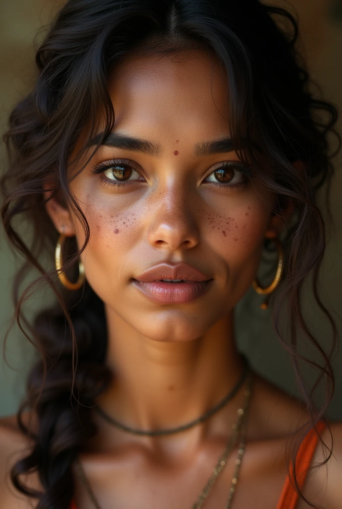 indian woman, naked, curly mullet, freckles, close-up, UHD, retina, masterpiece, accurate, anatomically correct, textured skin, super detail, high details, high quality, award winning, best quality, highres