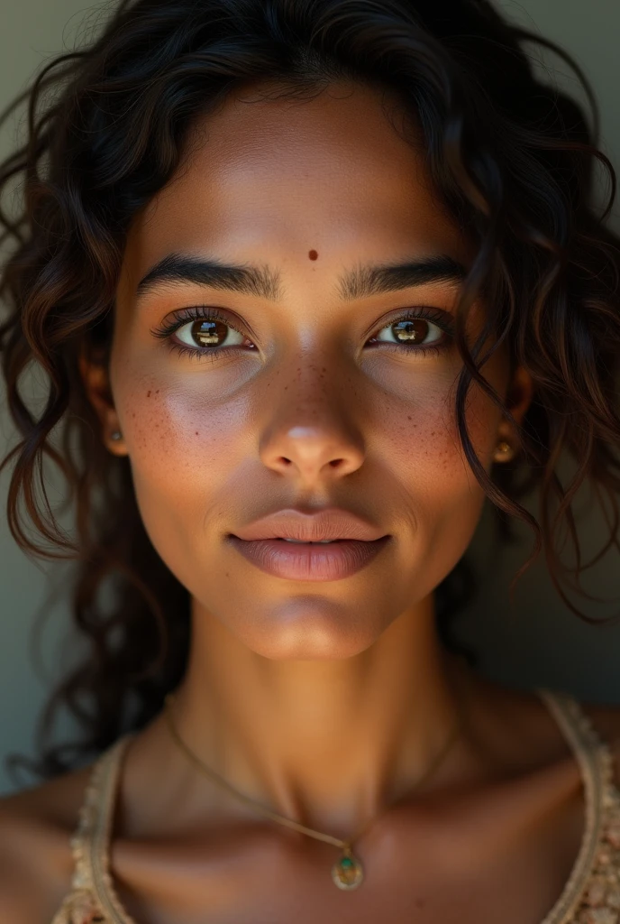 indian woman, naked, curly mullet, freckles, close-up, UHD, retina, masterpiece, accurate, anatomically correct, textured skin, super detail, high details, high quality, award winning, best quality, highres