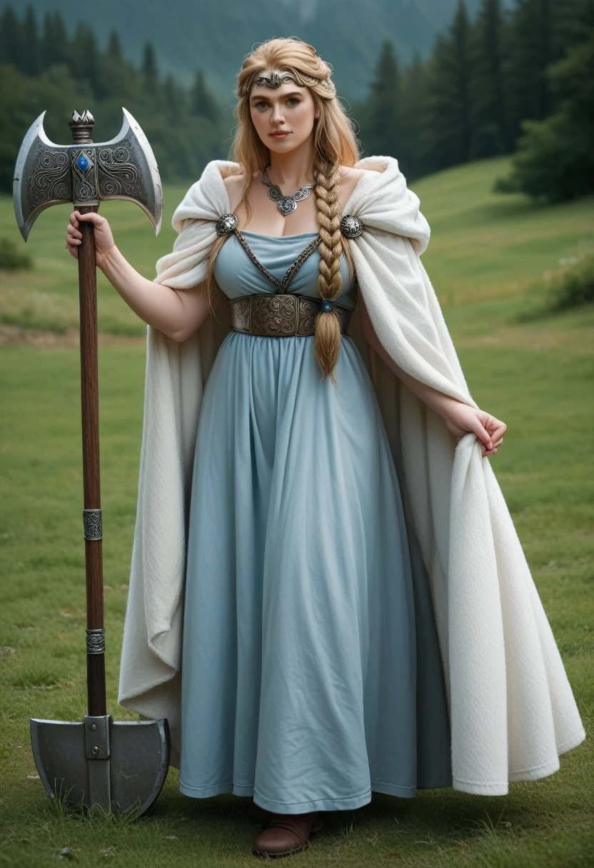 A beautiful photo of tween wearing a Norse style charcoal grey woolen gown with elegant pale azure blue princess style apron, runes of family, love, healing and protection are embroidered along it, with knee high stockings, white doeskin boots, and a beautiful cloak with silver white collar, has golden white hair. The hairstyle is elegant loose waves with a Dutch braided crown with a silver diamond circlet with a triforce gem, holding a magical axe, white leather magic bag, warrior princess, shadow cat is a pale grey-white, the color of thick mountain morning mist, beautiful curvy girl, 12k, ancient Norse, octane render, perfect eyes, wide hips, large saggy chest 