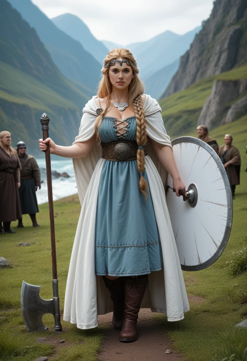 A beautiful photo of tween wearing a Norse style charcoal grey woolen gown with elegant pale azure blue princess style apron, runes of family, love, healing and protection are embroidered along it, with knee high stockings, white doeskin boots, and a beautiful cloak with silver white collar, has golden white hair. The hairstyle is elegant loose waves with a Dutch braided crown with a silver diamond circlet with a triforce gem, holding a magical axe, white leather magic bag, warrior princess, shadow cat is a pale grey-white, the color of thick mountain morning mist, beautiful curvy girl, 12k, ancient Norse, octane render, perfect eyes, wide hips, large saggy chest 