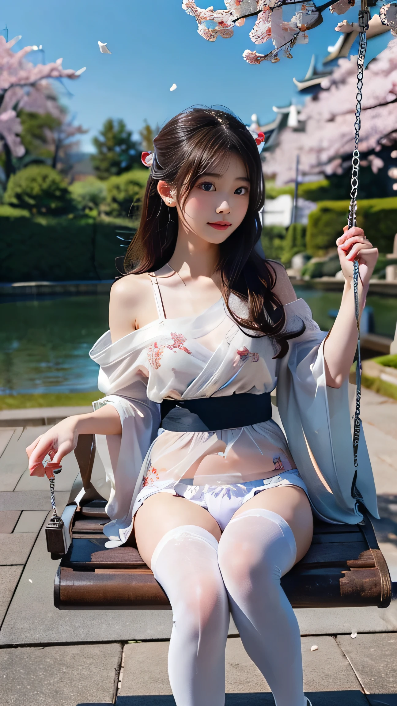 Highest quality,Realistic,masterpiece,detailed,High resolution,Cute 、High resolution、High resolution、in 8K、RAWphotographgraphy、Highest quality、masterpiece、,(masterpiece),(best quality),hyper detailed,realistic,perfect anatomy,perfect face, sexy,seductive,1girl,japanese,geisha,long hair,bare shoulders,kimono,white_thighhighs, sitting,holding,swing,wind,in spring, ((Riding on a swing))、((Looking up from below)).、falling petals,cherry blossoms,(looking_at_viewer),dynamic_angle, Quality underwear,(((Her legs are wide open)))、((Wet crotch)),(((See-through underwear)))