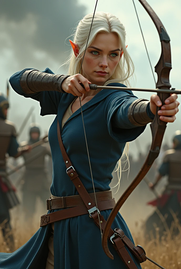 An elf archer approximately twenty-eight years old. Your hair is medium, almost white blondes, Emerald green eyes, pele alva, wearing a navy blue tunic under simple brown leather armor. The ears are slightly pointed. She is in full body attack pose in a war scenario.
