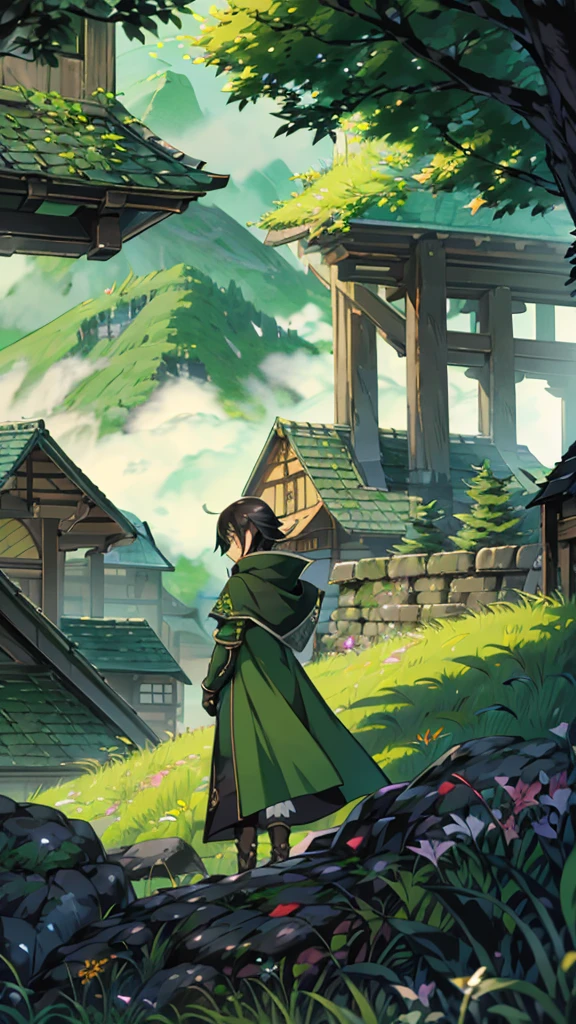yuichiro hyakuya girl, (WithoutFear:1), 1 girl, black hair, green eyes, brown coat, gray armor, elves, sylvan, green shield, green cloak, dark brown gloves, forest, white fur trim, anime, standing, good quality, portrait, looking at viewer