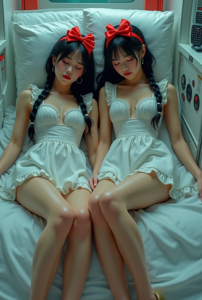 Imagine two beautiful young Asian-Latina adult women, Beautiful and realistic face, short hair with braids aside, that they are dressed in a mini maid outfit with a low neckline, In heels, that they are asleep , that they have a red gift bow on their head, inside a time machine sent from the future, showing your legs and feet, that your skin is covered in plastic, that there is a remote control in the box