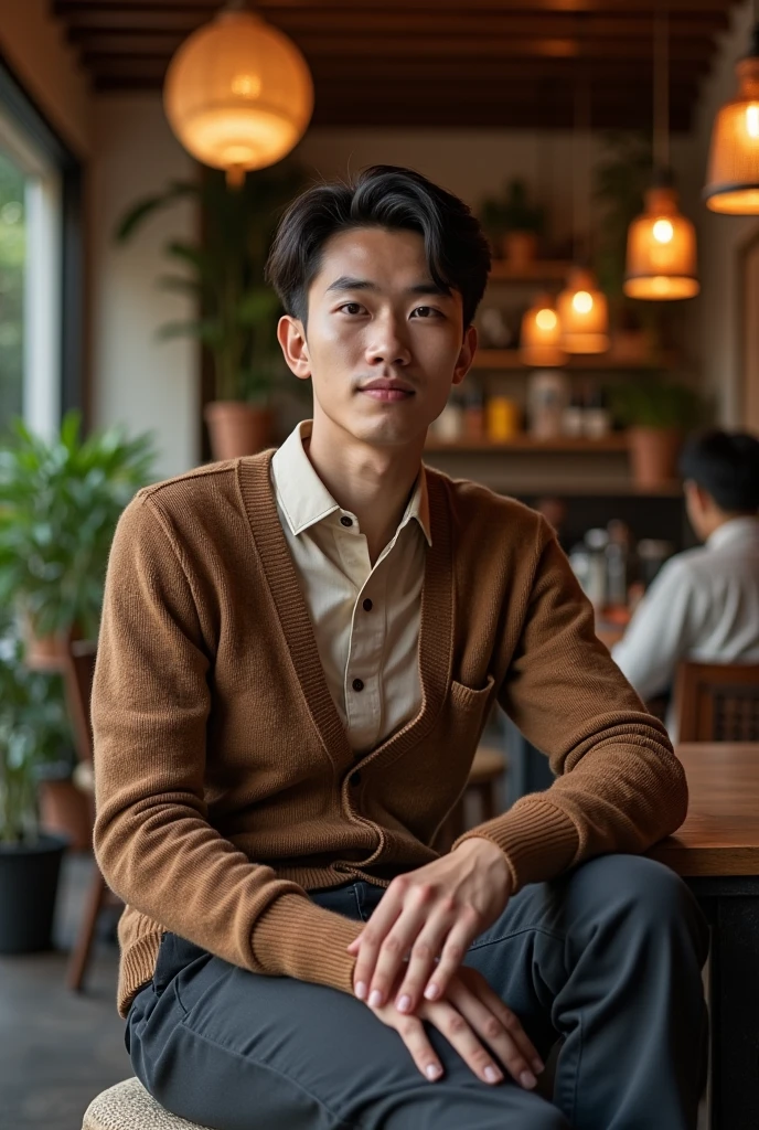 A 18 year old Vietnamese man with a well-proportioned figure, shortly smile
is wearing long pants, a shirt and a sweater and is sitting and posing for the camera in a Vietnamese coffee shop.