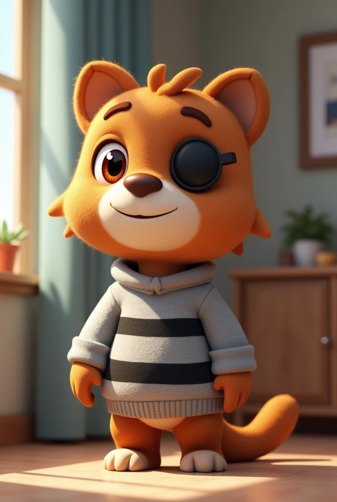 Generates a brown lobotio furry in 2D and that has a pirate patch on its left eye. Also add a light gray sweater with black horizontal stripes on its sweater so that the environment is its room.