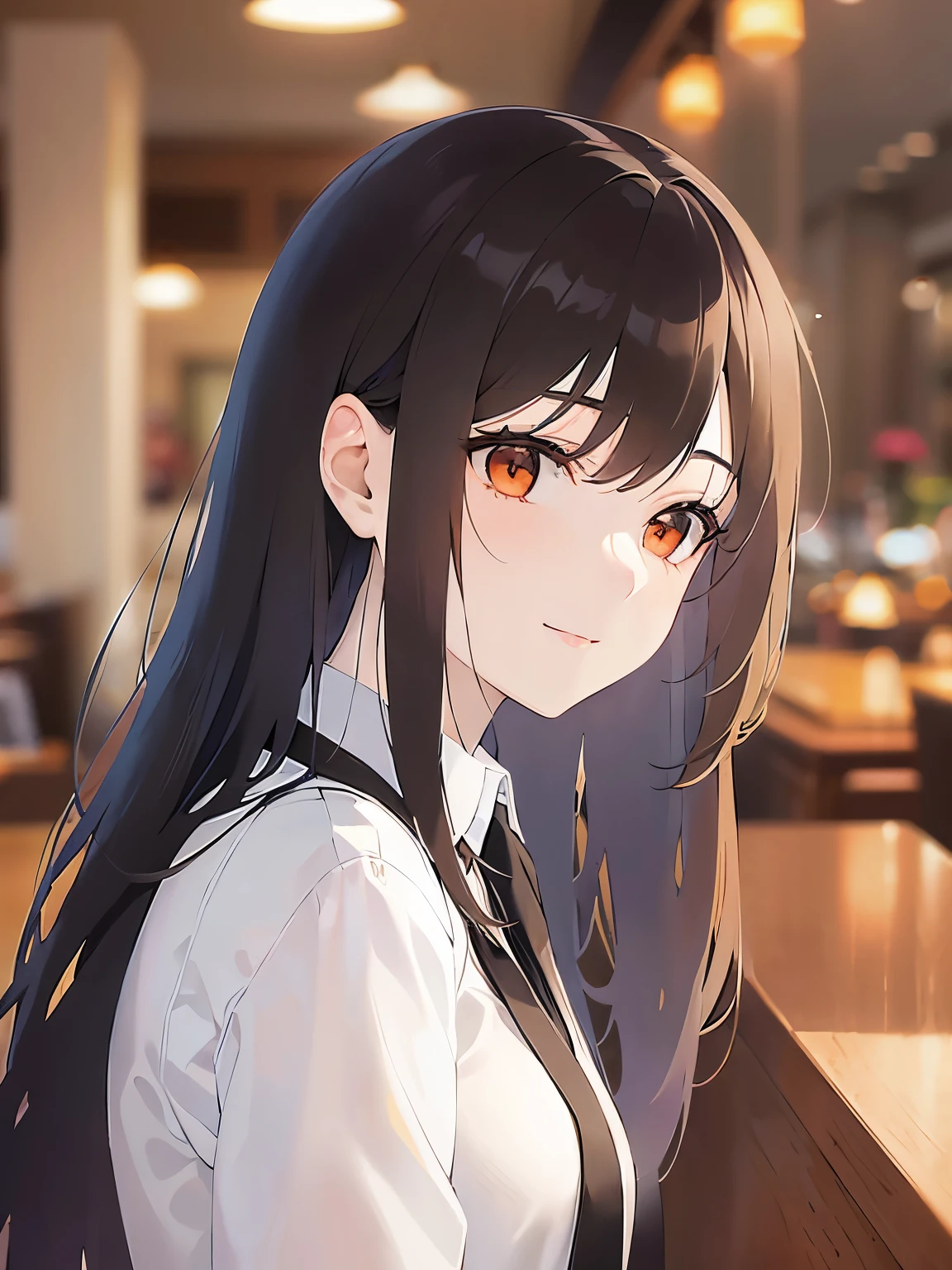 side angle, (looking away:1.5), (pale skin: 1.2), shiny skin, shiny hair、(A 25-year-old woman with medium-length hair and bangs) and (wavy hair) and (brown hair) and (orange eyes) , white collared shirt, smile, The background is the interior of a restaurant at night.、Alone、Are standing