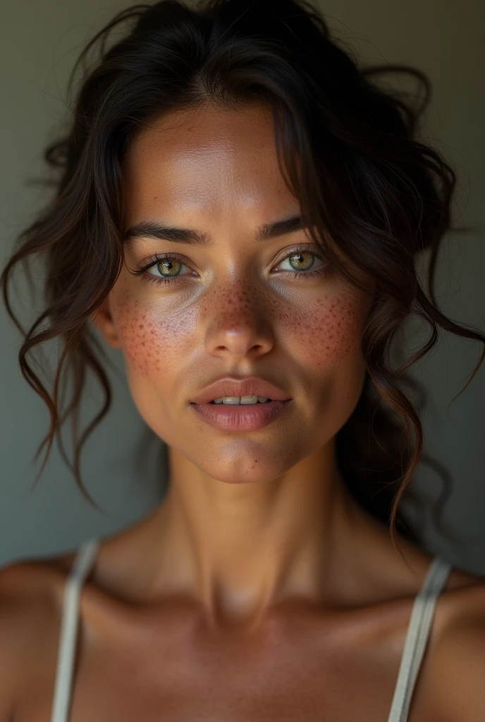 peruvian woman, naked, curly mullet, freckles, close-up, UHD, retina, masterpiece, accurate, anatomically correct, textured skin, super detail, high details, high quality, award winning, best quality, highres