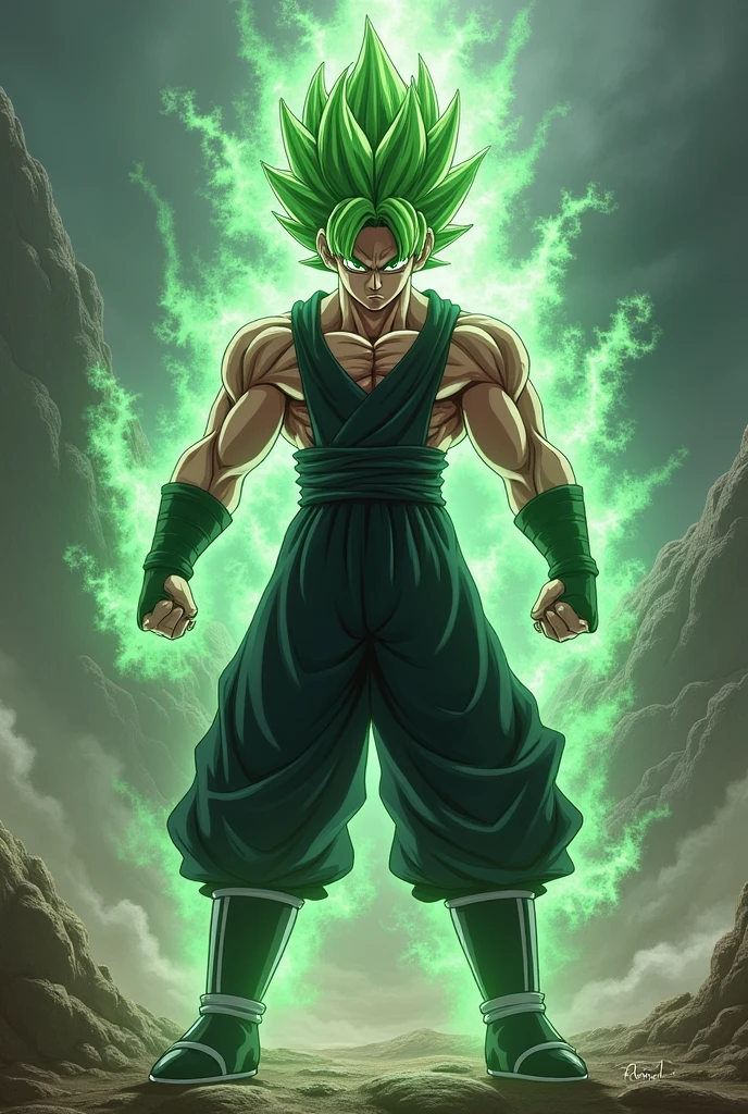 A super sayayin with ninja clothes, with green hair