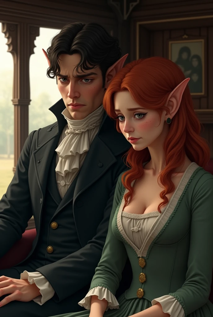 Mr Darcy angry elf in dark clothes with the tips of his ears up looking out the window, sitting in front of a sad elf with red hair and grey eyes looking at the floor with the tips of her ears drooping wearing Bridgerton clothes inside a carriage.