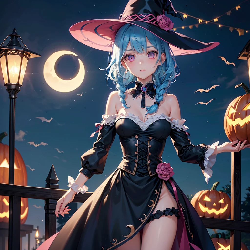 (Crescent Moon),(Sky blue hair),(Braided medium hair), (Pink Eyes),Fair skin) ,(whole body),(One Girl),(There are lots of pumpkin ghosts in the background),(If you don't give me sweets, I'll play a prank on you.),Halloween Night Party),(masterpiece, Highest quality, Very detailed, Best Shadow), (Detailed Background), (Beautifully detailed face), High Contrast, (Best lighting, Very delicate and beautiful), ((Cinematic Light)), Hyper Detail,8k, Dramatic Light, Intricate details,Cute witch outfit,night,(Bats flying in the background),