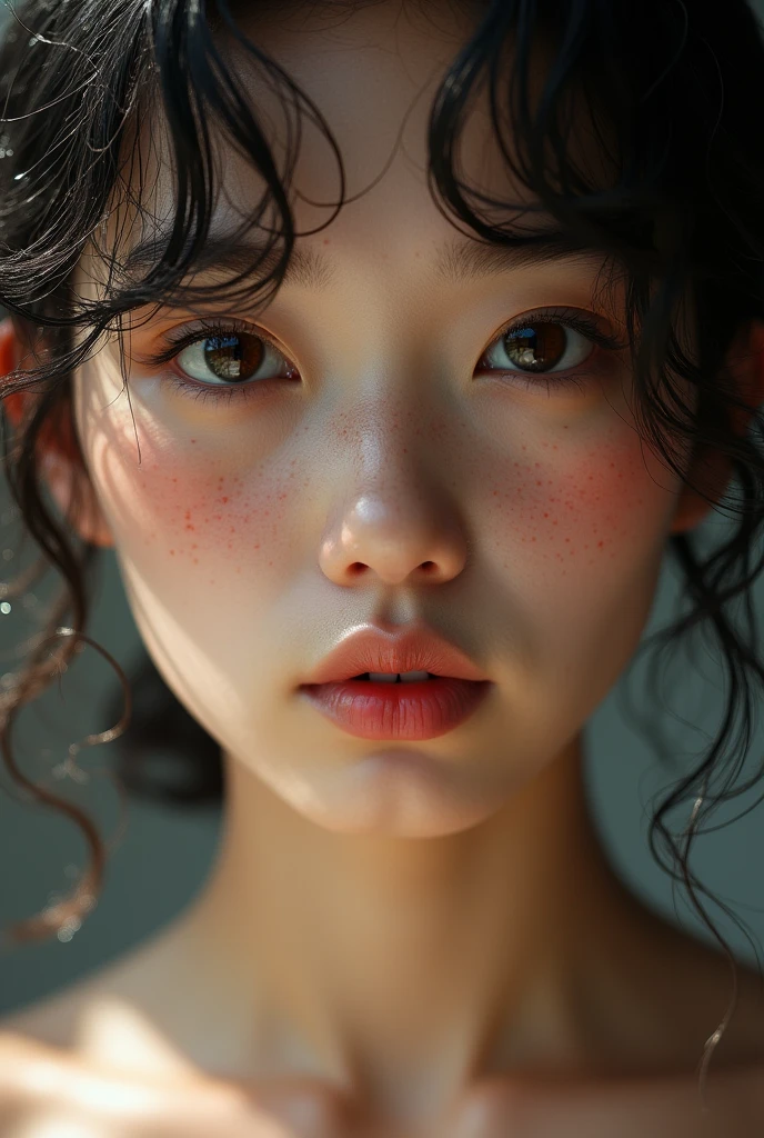 japanese woman, naked, curly mullet, freckles, close-up, UHD, retina, masterpiece, accurate, anatomically correct, textured skin, super detail, high details, high quality, award winning, best quality, highres
