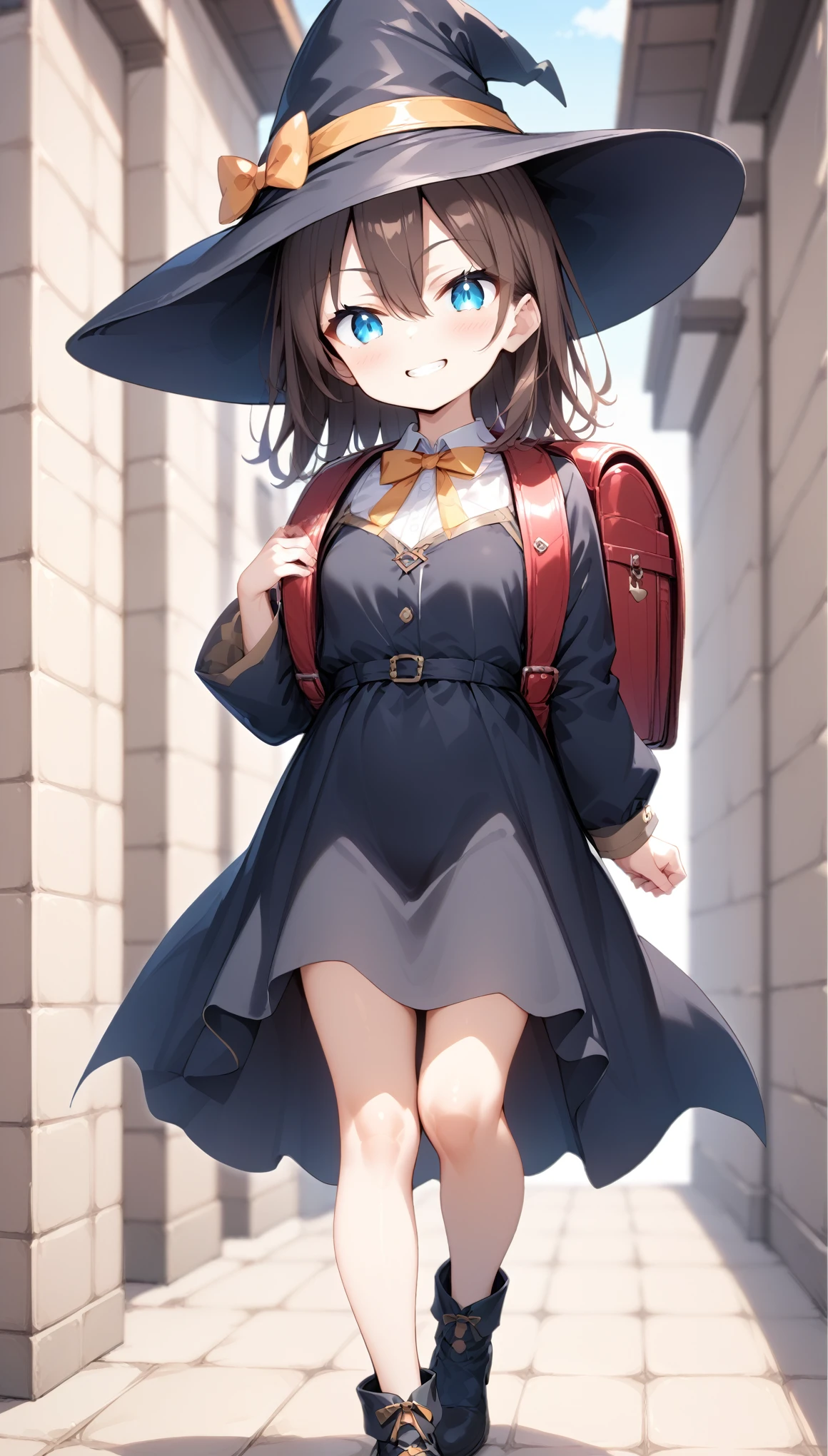 Masterpiece, hd, 1girl, cute girl, 10 y.o, small breasts, wearing witch Costume, witch hat, medium hair, brown hair, witch hat, blue eyes, collared shirt, hair between eyes, white shirt, ribbon, red ribbon, bangs, teeth, neck ribbon, bow, witch, witch robes, blush, hood, yellow bow, jewelry, floating hair, yellow bowtie, shiny hair, bowtie, black robe, wing collar, open robe, dress shirt, walking, fullbody, black boots, wearing brown backpack, wearing randoseru backpack, (randoseru backpack:1.2), square backpack