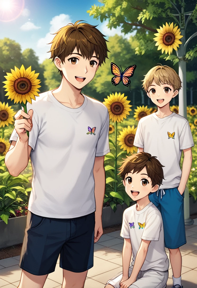 Mother with 2 boys, one adult and one ager, brown eyes, wearing white clothes. Photo scene with sunflower garden and butterflies.