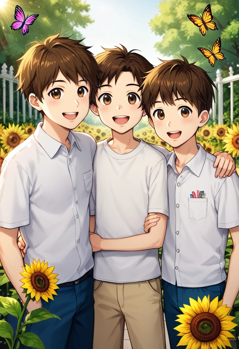 Mother with 2 boys, one adult and one ager, brown eyes, wearing white clothes. Photo scene with sunflower garden and butterflies.