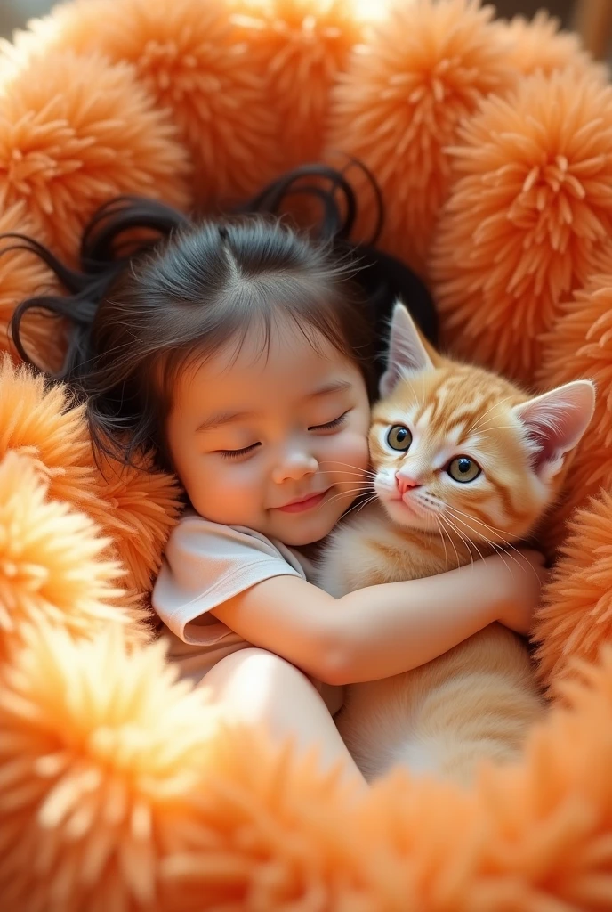 A girl was lying on a fluffy ball,surrounded by a cute baise cat. Fluffy texture,soft clouds,lazy,warm color,orange,32k uhd,elf core,exquisite facial features,advertising inspiration,bold color contrast,