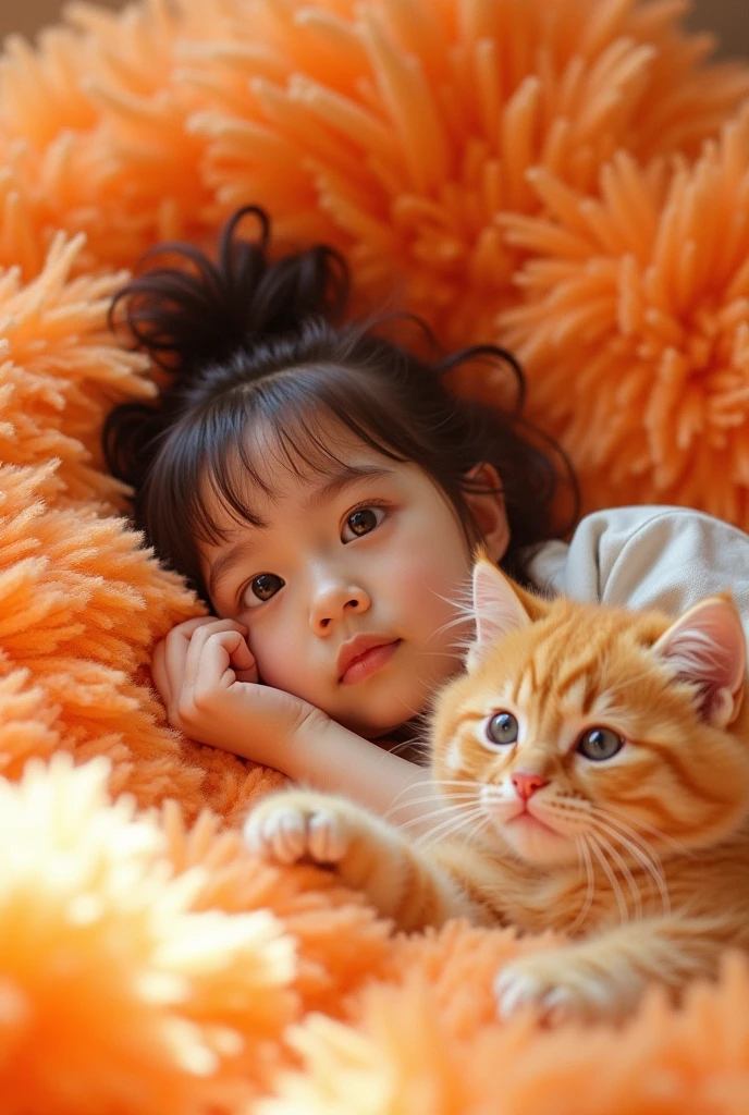 A girl was lying on a fluffy ball,surrounded by a cute baise cat. Fluffy texture,soft clouds,lazy,warm color,orange,32k uhd,elf core,exquisite facial features,advertising inspiration,bold color contrast,