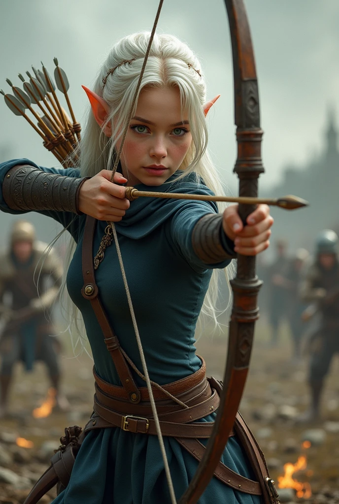 An elf archer approximately twenty-eight years old. Your hair is medium, almost white blondes, Emerald green eyes, pele alva, wearing a navy blue tunic under simple brown leather armor. The ears are slightly pointed. She is in full body attack pose in a war scenario.