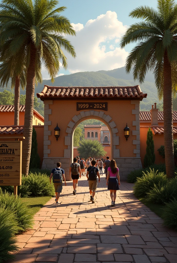 Hacienda with an illuminated path with a wooden sign on the left side on which a group of people are walking with backpacks on their shoulders and in their hands crossing a stone arch with the dates engraved 1999 - 2024